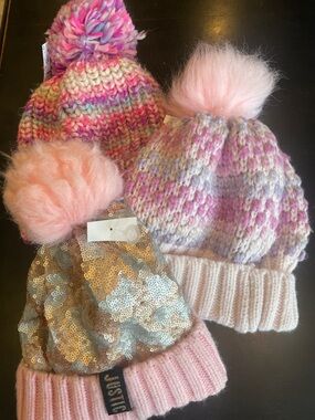 Girls Pom beanies set of 3 new pink